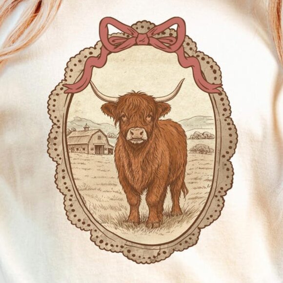 Farmhouse Highland Cow Graphics Tee, Grandma Core Shirt - Picture 2 of 4